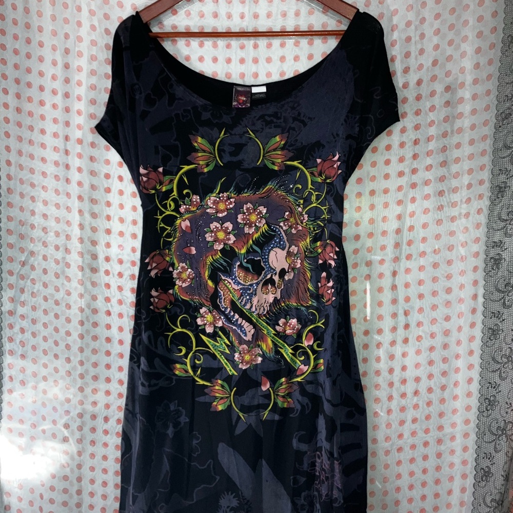 VINTAGE ED HARDY Floral Skull Graphic Dress